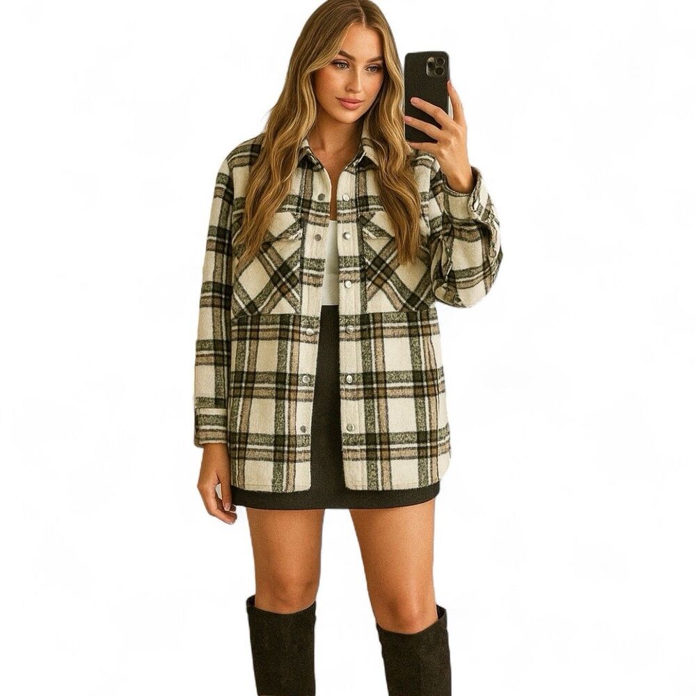 Blank NYC Plaid Wool Blend Shacket XL Green Snap Button Overshirt Jacket